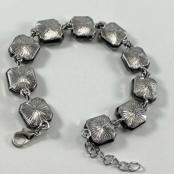 Silver Tone Smoke Dark Gray Glass Rhinestone Chain Tennis Bracelet Bling Boho - Picture 5 of 7